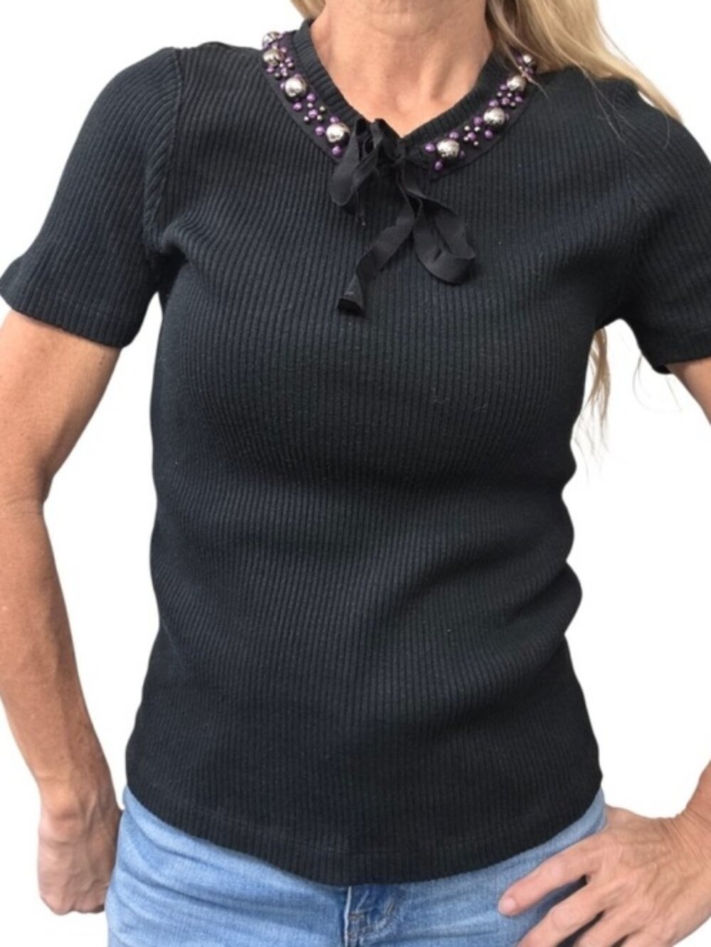 Tory Burch Embellished Ribbed Knit Top Black Ribbon Tie Size L
